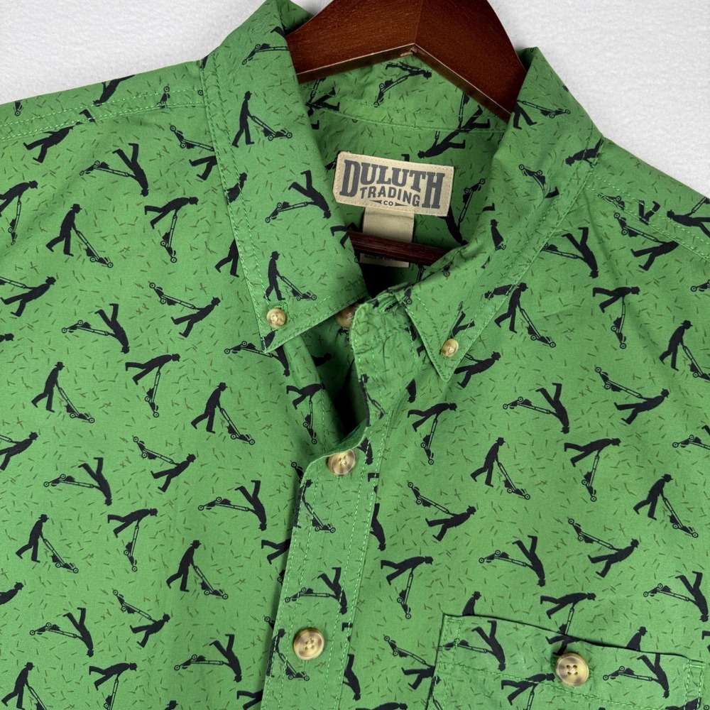 Duluth Trading Co Mens XL Tall Green Lawn Mower Print Cotton Button Down Shirt